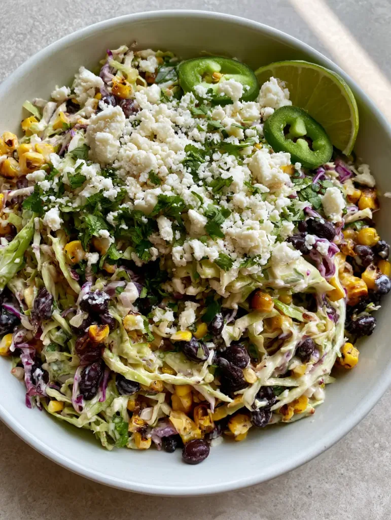 A close-up handheld smartphone photo of Cowboy Cabbage Slaw showing the textures of charred corn and shredded purple cabbage.