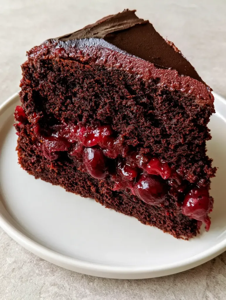 A slightly high-angle photo of a cake slice on a white plate, showcasing the smooth dark chocolate frosting sheen.