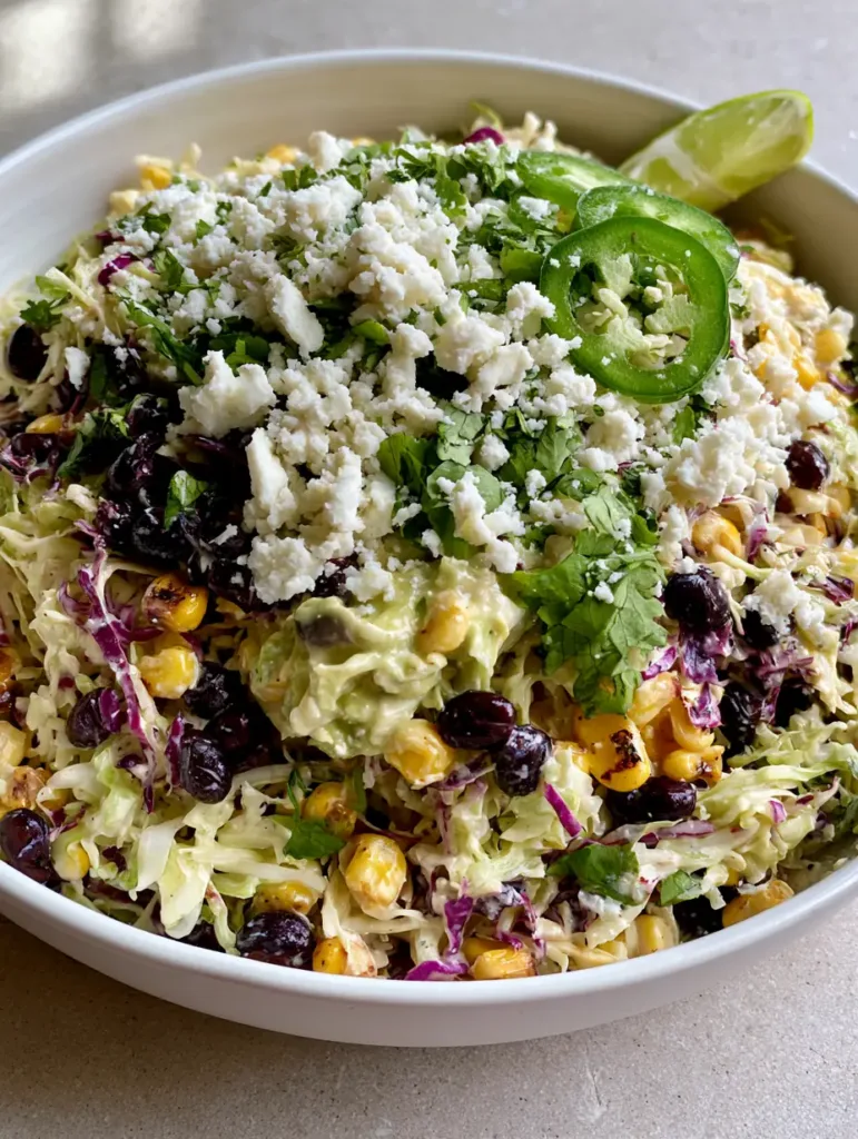 The completed Cowboy Cabbage Slaw served in a white ceramic bowl on a gray stone surface in natural light.