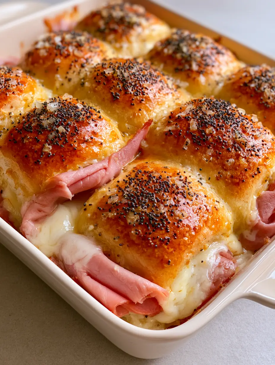 Hawaiian Ham and Cheese Sliders: The Ultimate Buttery Baked Party App 4 Close-up of toasted Hawaiian Ham and Cheese Sliders with glossy butter glaze, poppy seeds, and minced onions.