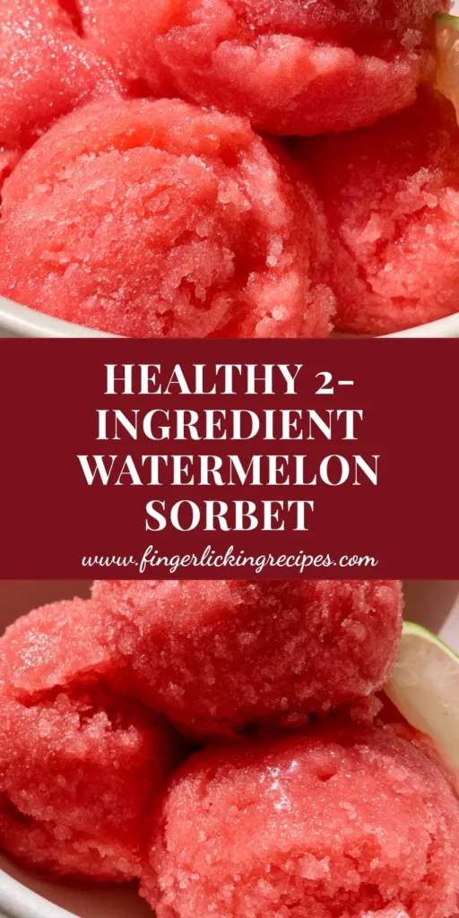 A tall Pinterest graphic showing three scoops of vibrant pink watermelon sorbet in a white bowl with a mint sprig. (Watermelon Sorbet Recipe)