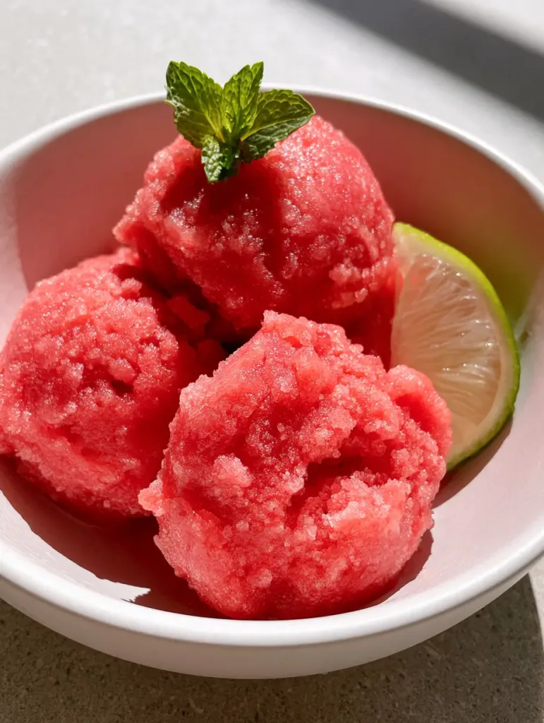 Close-up handheld smartphone photo of three scoops of vibrant pink watermelon sorbet in a matte white ceramic bowl with visible ice crystals. (Watermelon Sorbet Recipe)