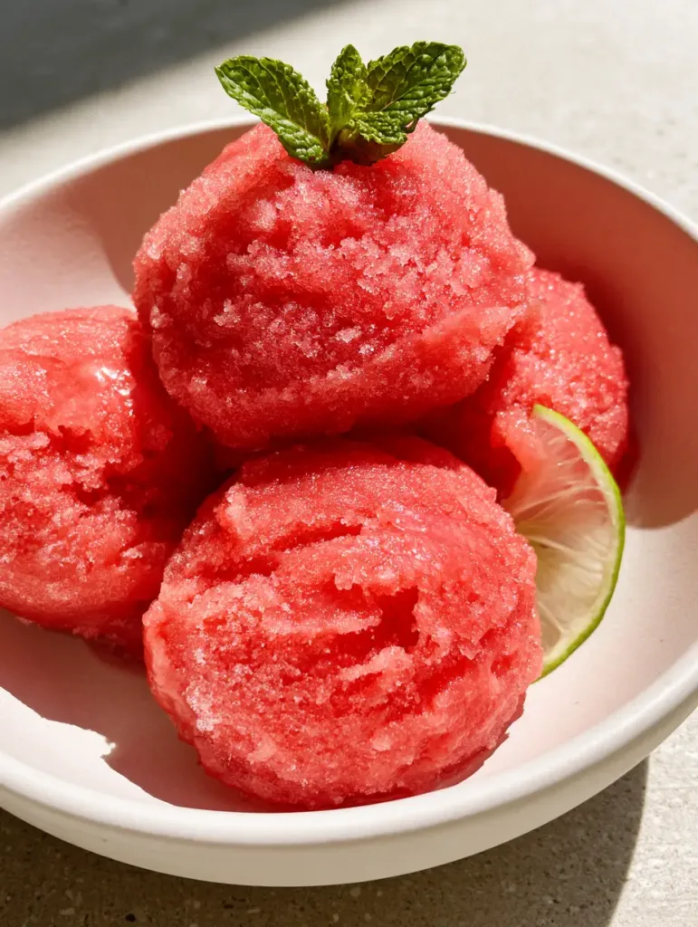 Three scoops of watermelon sorbet in a bowl on a grey stone surface, garnished with a lime wheel and mint. (Watermelon Sorbet Recipe)
