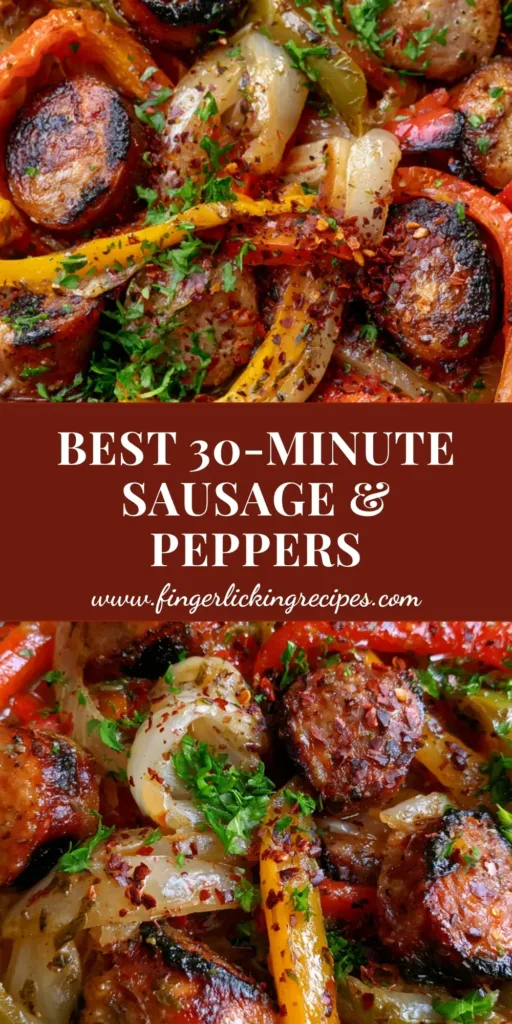 A rustic black cast iron skillet containing seared Italian sausage slices with charred edges and vibrant red, yellow, and green pepper strips. (Sausage and Peppers Skillet)