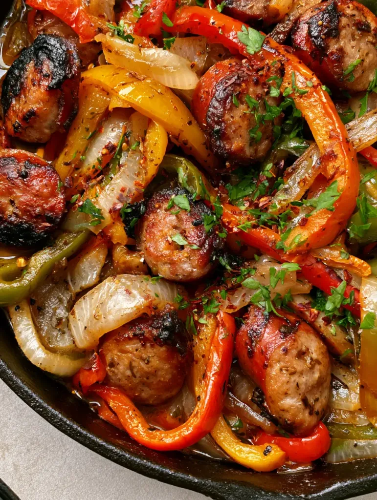 Top-down view of a Sausage and Peppers Skillet showing juicy sausage rounds and sautéed bell peppers with visible herbs. (Sausage and Peppers Skillet)