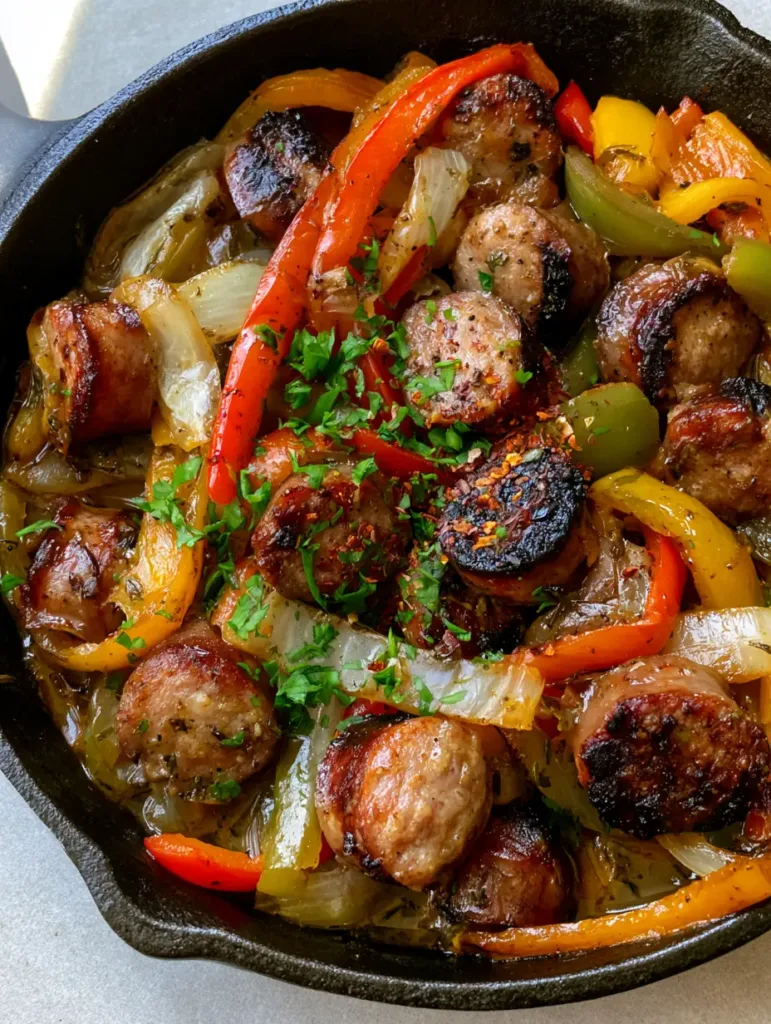 Detailed shot of caramelized onions and charred peppers glistening in a savory pan sauce within a cast iron pan. (Sausage and Peppers Skillet)