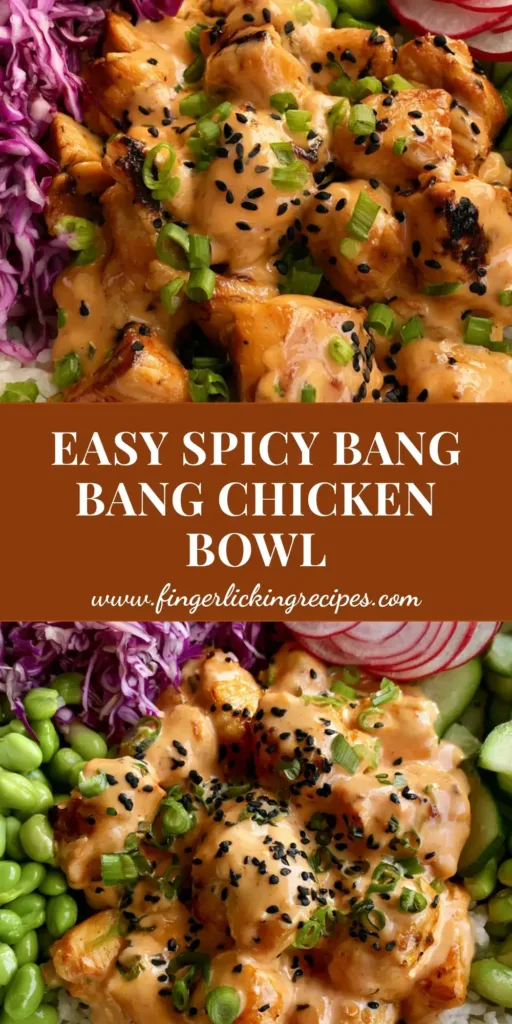 A professional Bang Bang Chicken Bowl featuring seared orange glazed chicken, purple cabbage, radishes, edamame, and cucumber over white rice.
