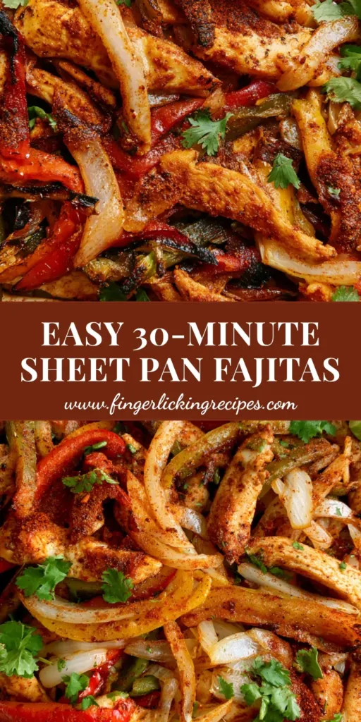 A close-up, top-down view of a silver metallic sheet pan filled with roasted Sheet Pan Chicken Fajitas, featuring seared chicken, charred bell peppers, and lime wedges.