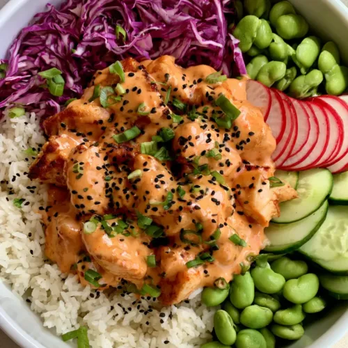 Bang Bang Chicken Bowl with Creamy Sauce and Fresh Vegetables
