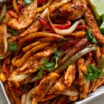A top-down shot of seared chicken breast strips and charred red and yellow bell peppers on a silver sheet pan. (Sheet Pan Chicken Fajitas)