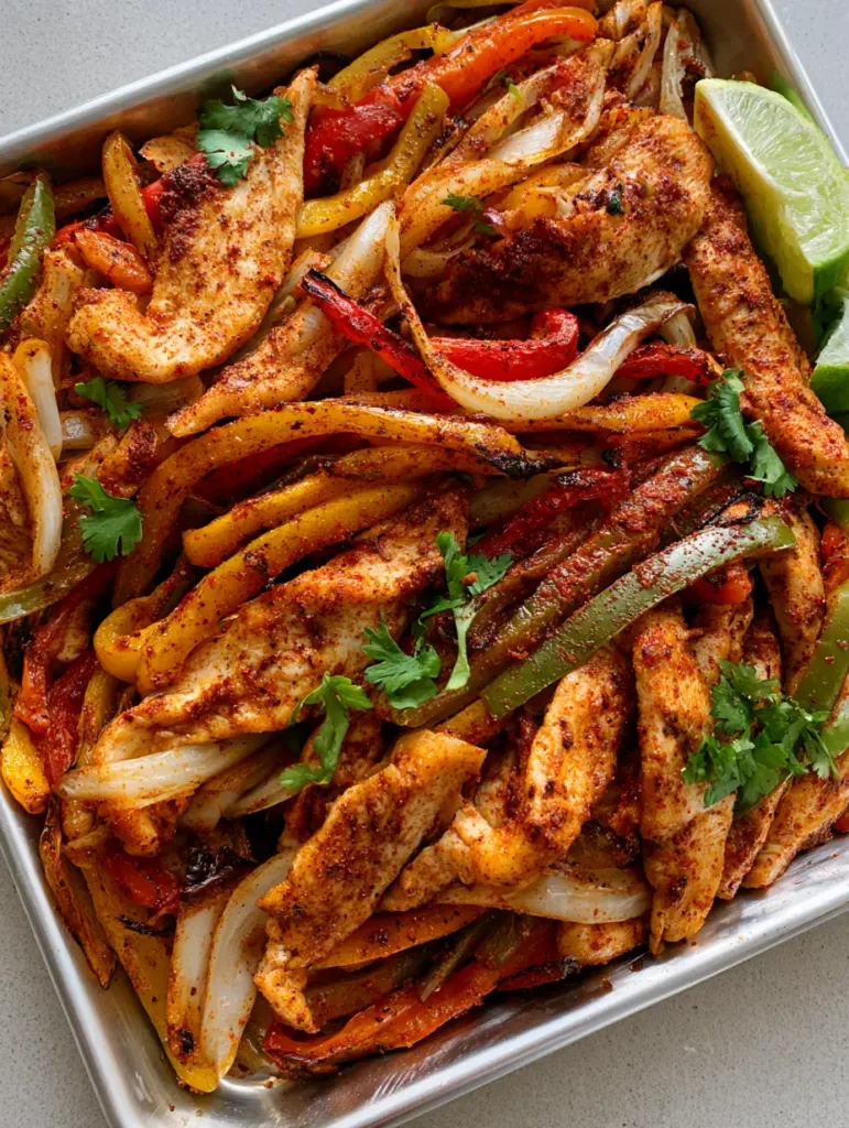 A top-down shot of seared chicken breast strips and charred red and yellow bell peppers on a silver sheet pan. (Sheet Pan Chicken Fajitas)